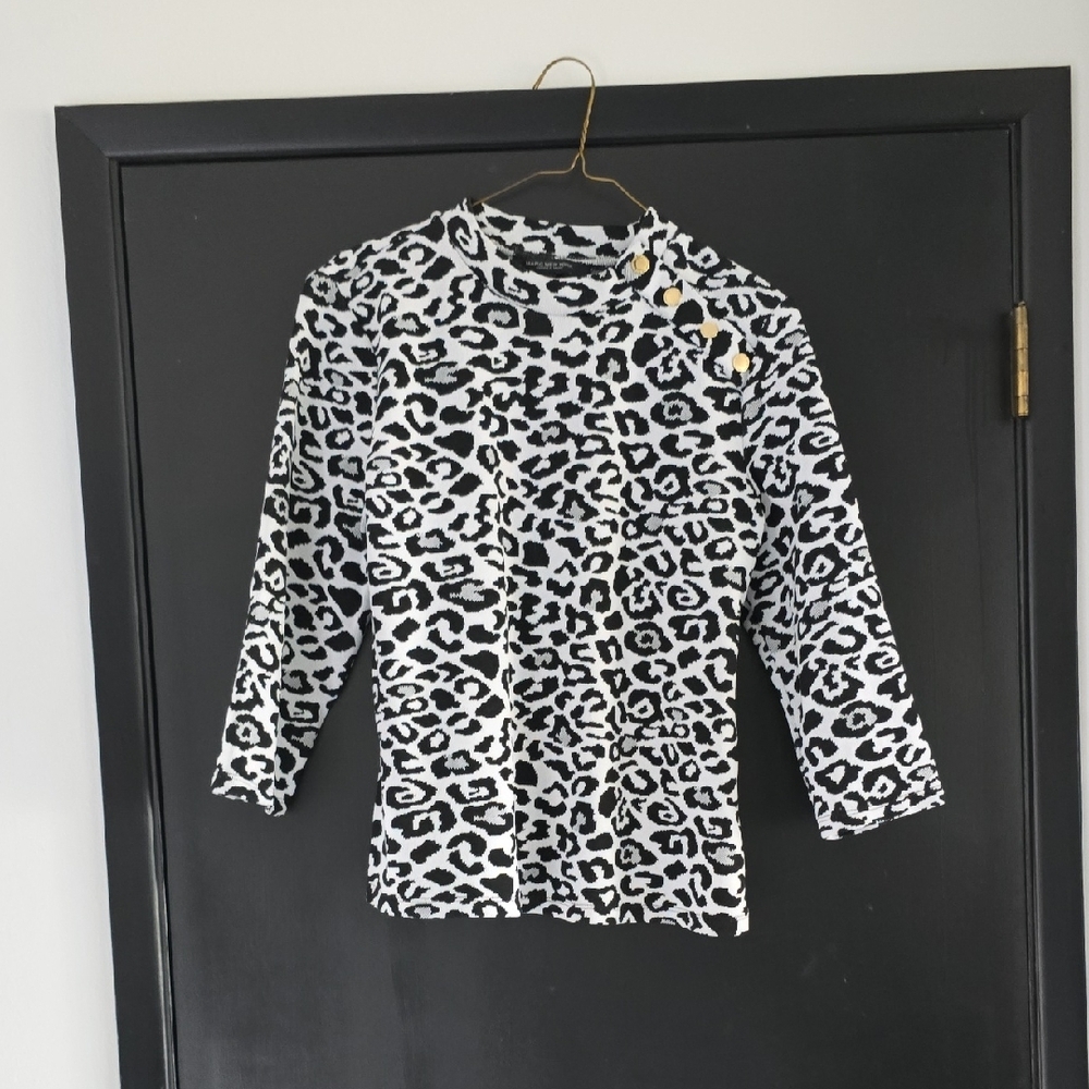 Marc New York Black and White Leopard Patterned Top 3/4 Sleeves Size L